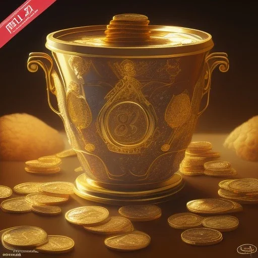 Gold Pot full of gold coins,extremely detailed digital,painting, extremely detailed ,perfectly centered image, perfect composition, rim light, beautiful lighting,masterpiece,8k, stunning scene, raytracing, anatomically correct,, in the style of Dysney and Pixar,Ultra detailed