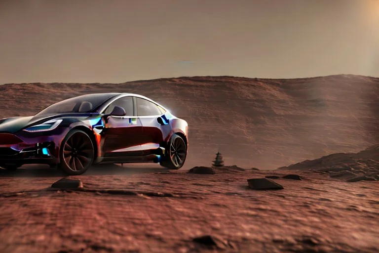 A Tesla 'Model Y' is parked, at the Cydonia region on Mars. (CINEMATIC, WIDE ANGLE LENS, PHOTO REAL)