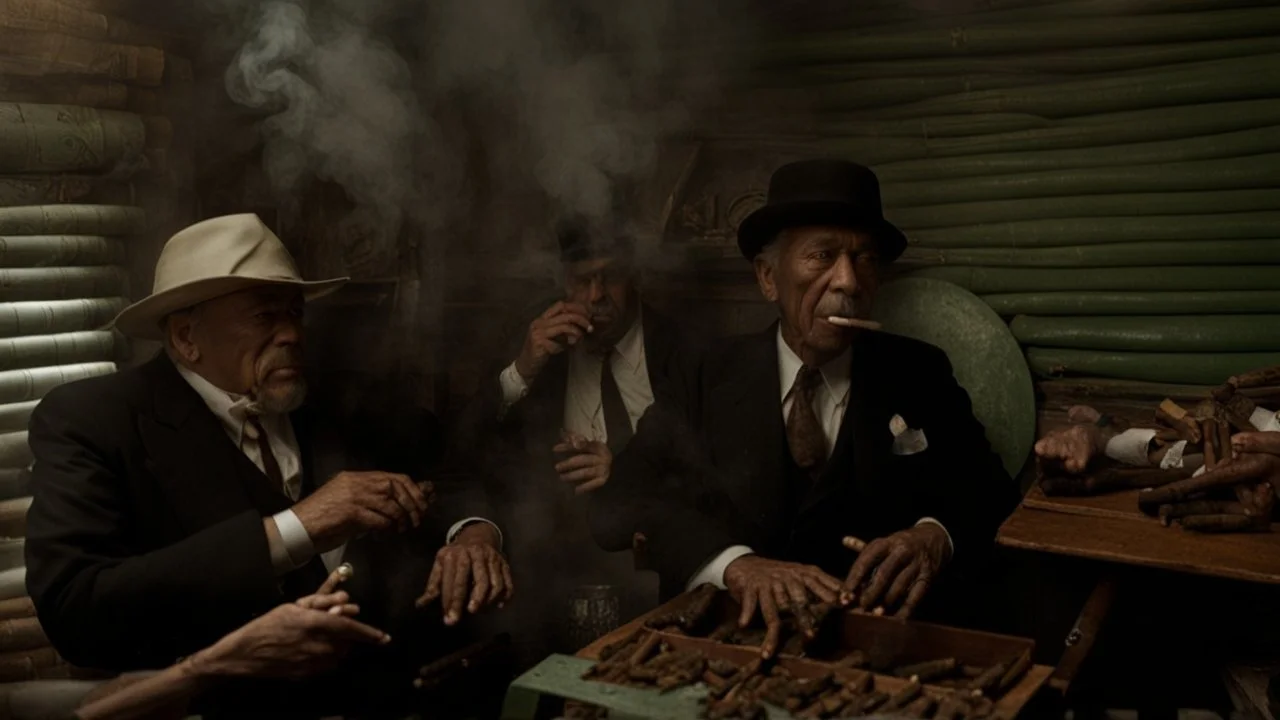 men smoking many cigars fill room with so much smoke it's alive