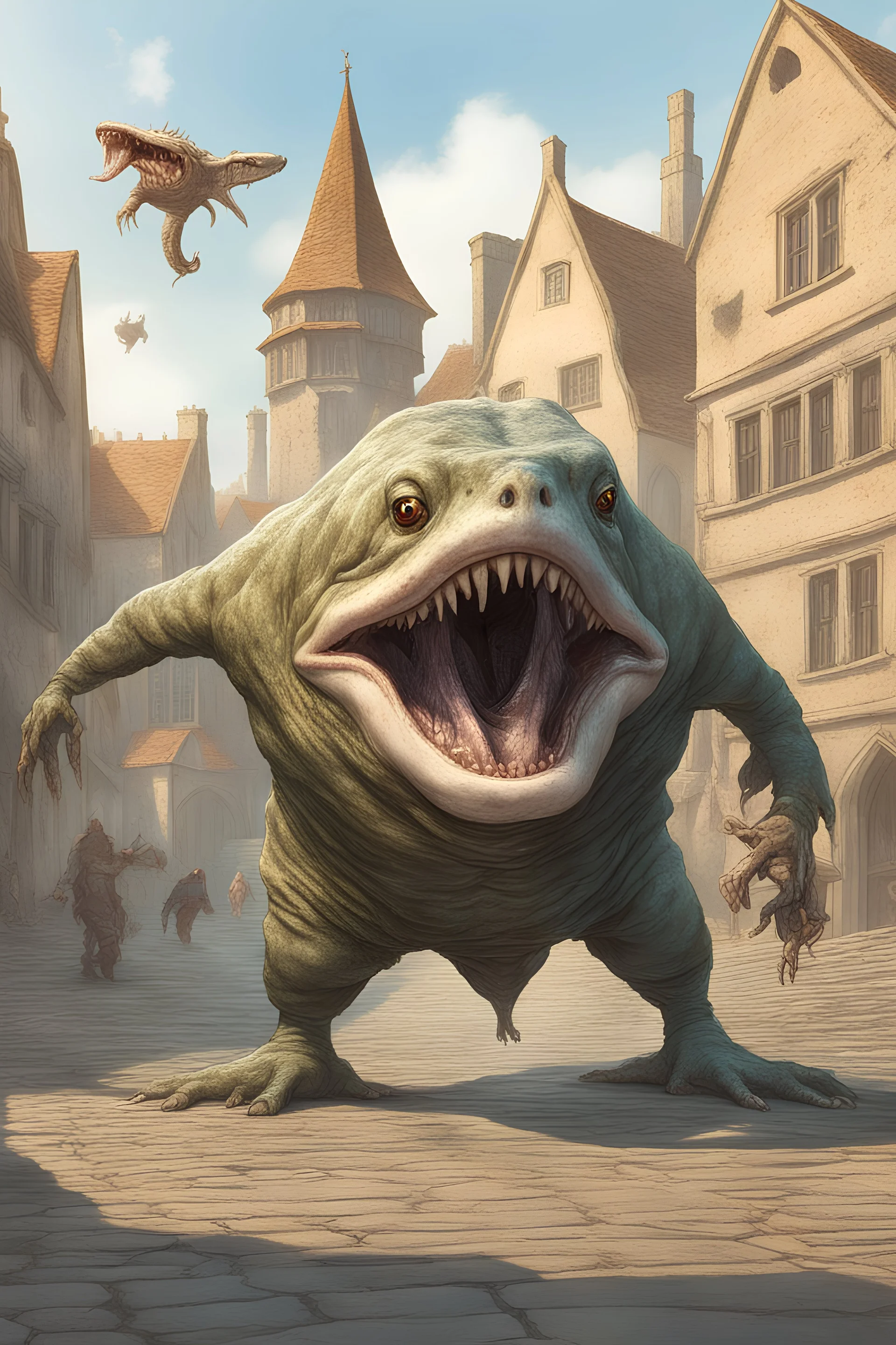 Fantasy art of a deformed hybrid abomination with the head of a open-mouthed basking shark on the body of a toad, standing in a medieval city square