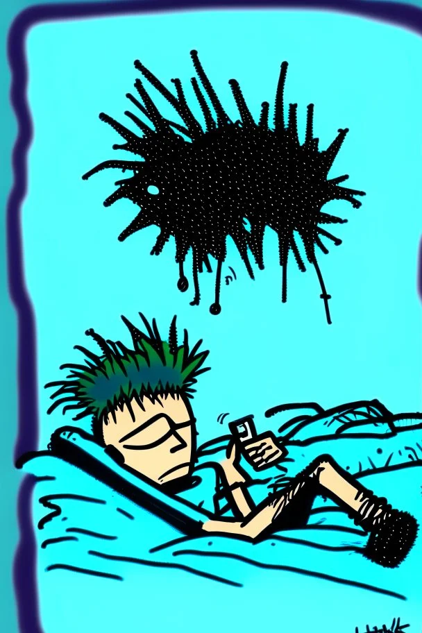 2d drawing of a stickman, laying in bed, cool with punk hair, just woke up, cellphone in hand ,3d realistic in colour