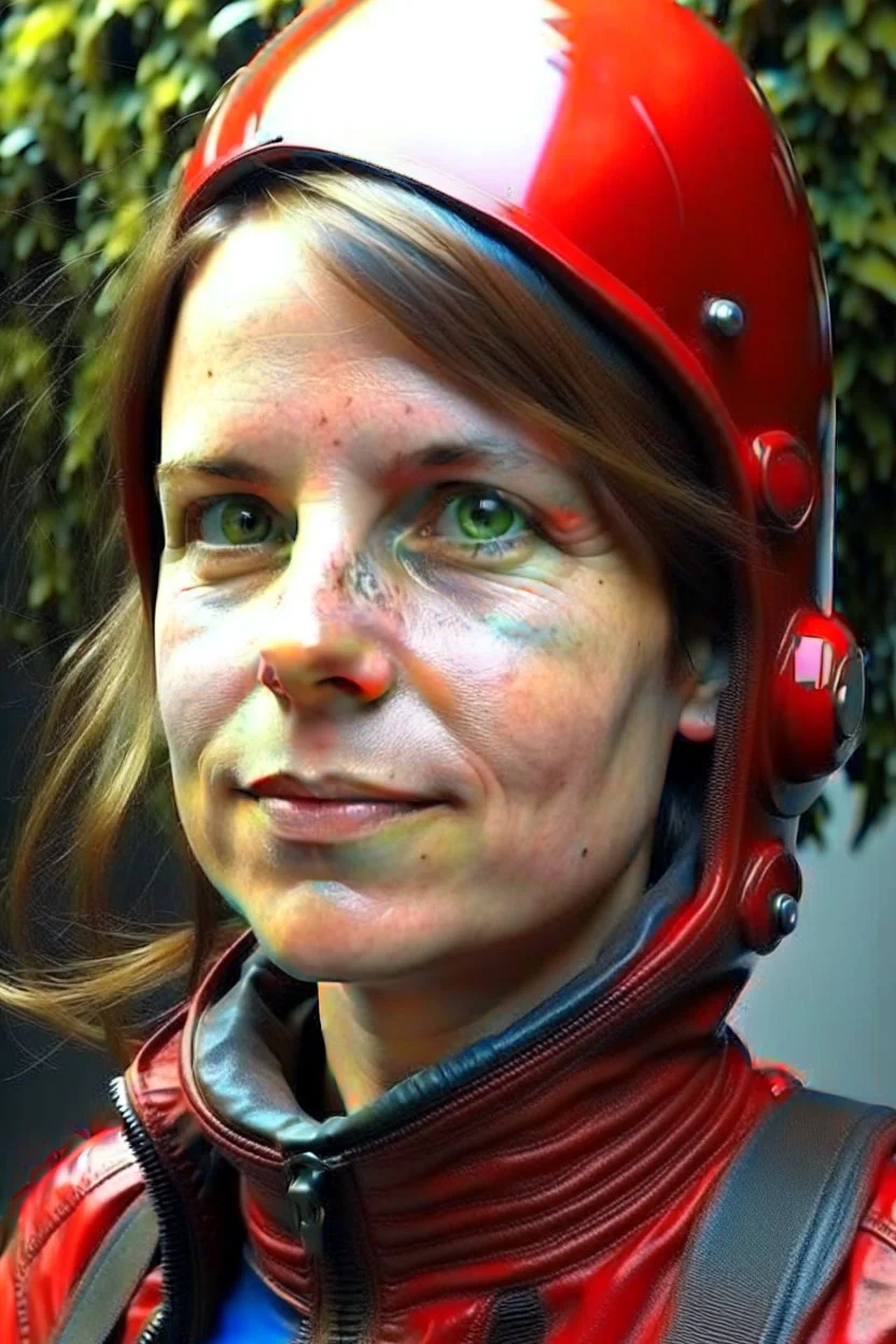 Fotorealistisch jugendliche Frau in roter Lederkombination mit geschlossenem Helm schaut Beobachter direkt an, alles über Augen und alles unter Mund ist vom Helm verdeckt