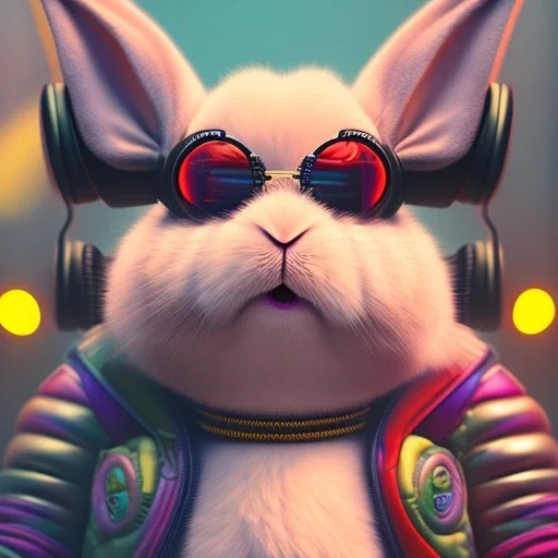 pixar style anamorphic cute rabbit baby, smiling, cyberpunk headphone, sunglass, gangsta gold neckless, full body, magenta puffer jacket, manila city backdrop, dramatic lighting, hyper realistic, unreal engine 5, 16k