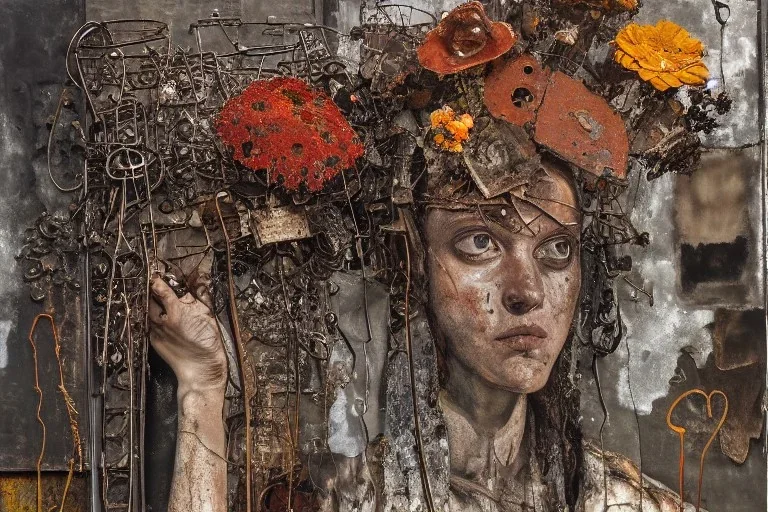 an abstract painting of rusted metal and flowers, by anselm kiefer and lucian freud, rust, scaffolding, iron cladding, decay, mixed media, textured, anatomically correct, beautiful perfect face, sharp focus, highly detailed, unity engine,full black woman face