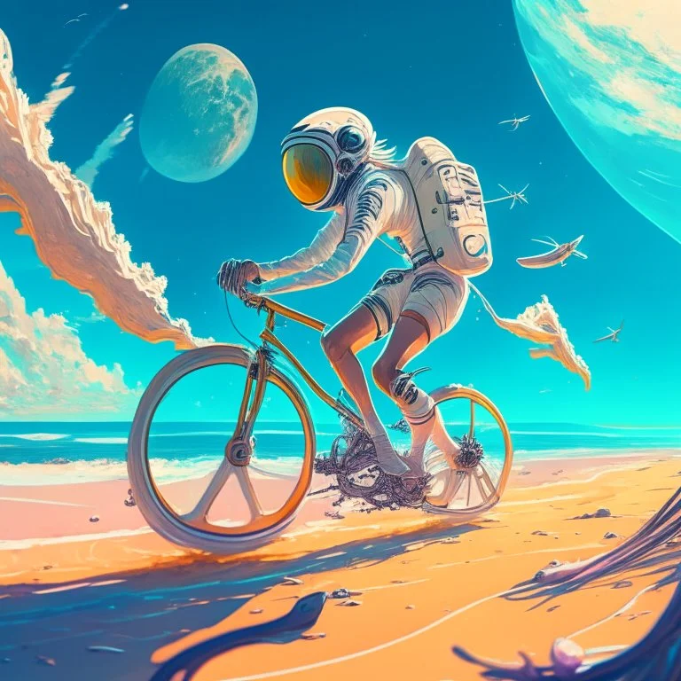 An astronaut riding a bicycle on the beach of a beautiful sea, digital art, anime style, 4k, full details, high resolution