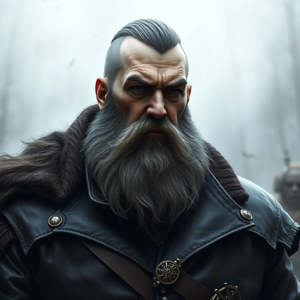 A large grey-skinned short beard man with a heavy leather coat fantasy grimdark realistic