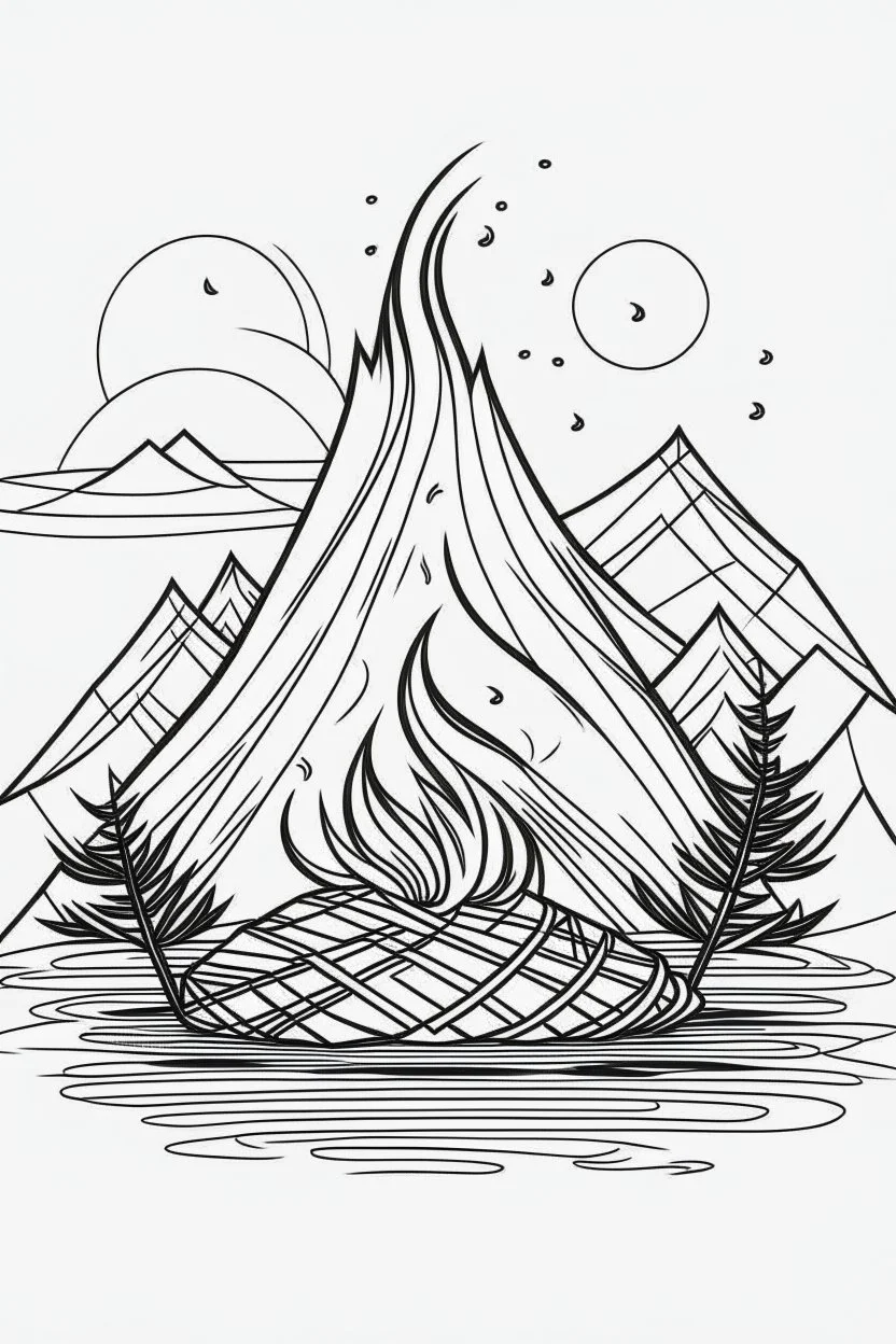 campfire minimalistic, line art, background, vector, svg, coloring page, black outline on white background