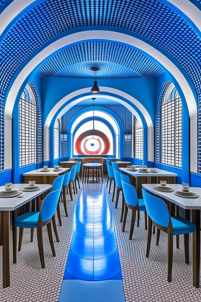 A restaurant with the outer shape of the walls in blue and a white floor. It contains one table in the middle of the restaurant, and the walls are oval in shape, containing 30 chairs.