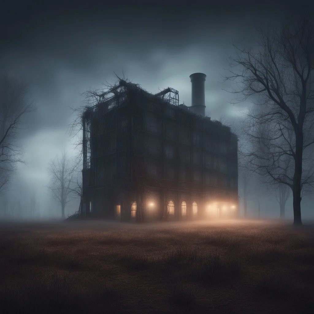 Hyper Realistic Haunted Dark Factory between a Field with dry old tree at heavy foggy night