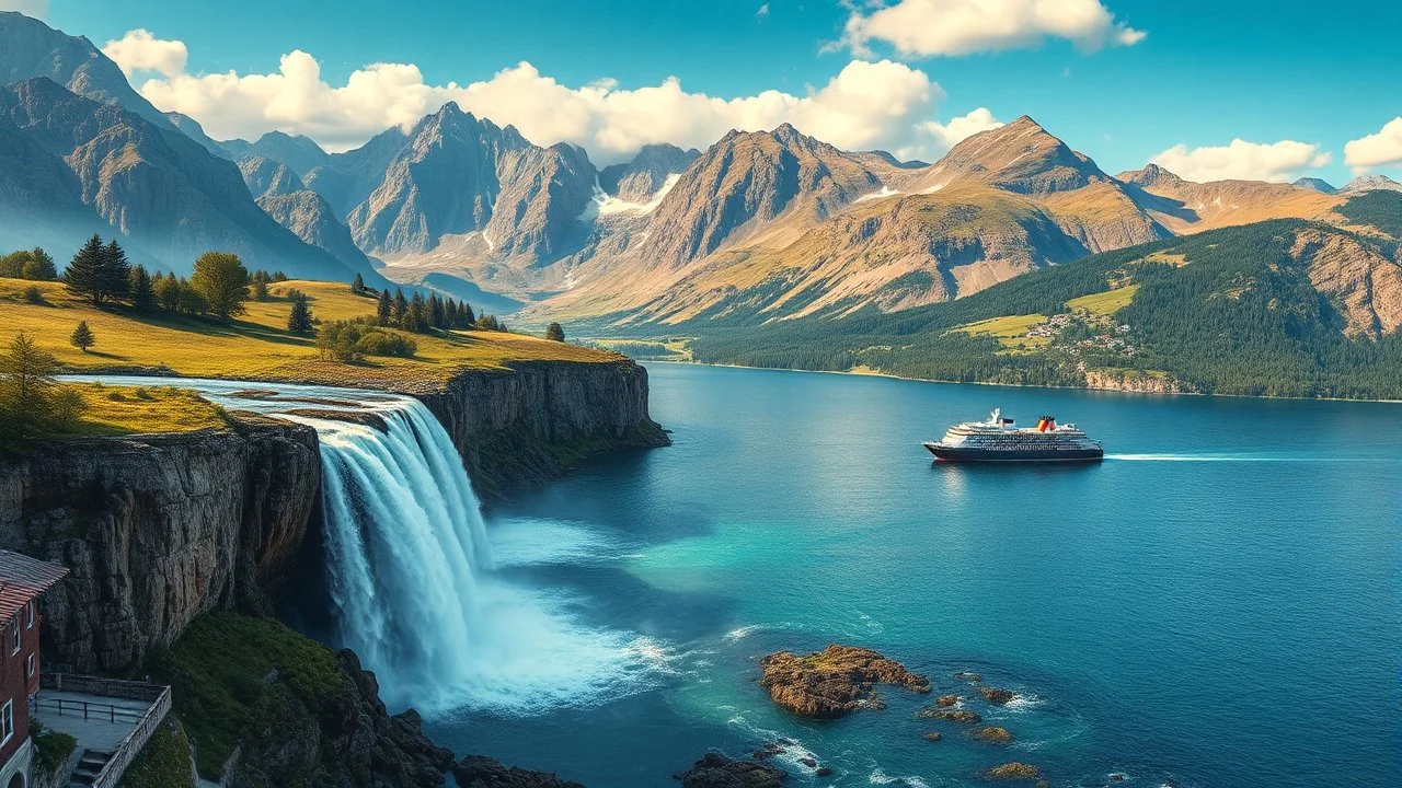 a picturesque natural landscape that includes majestic mountains and a serene countryside. Additionally, incorporate details about a stunning, large waterfall that enhances the beauty of the scene. The output should be structured as a narrative, painting a clear image with rich, descriptive language that evokes the sights and sounds of this beautiful environment water fall falls to a big sea with modern shipe in it.16 by 9