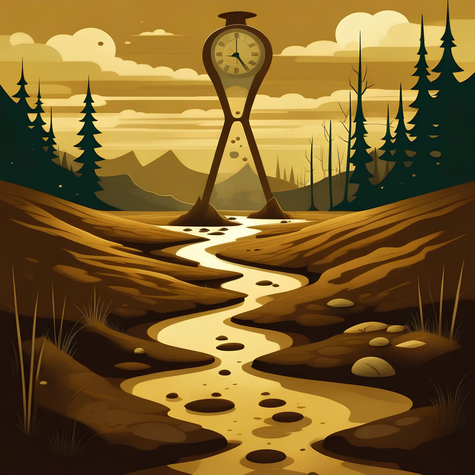 This visual representation features a stylized depiction of a peat bog environment, symbolizing the natural landscape. Within the peat bog, an hourglass is prominently displayed, representing the passage of time and the concept of geological epochs. At the center of the hourglass, the radioactive symbol for Americium-241 (241Am) is depicted, highlighting its presence within the peat bog layers. This symbolizes the incorporation of Americium-241 into peat bogs as a result of nuclear activities,