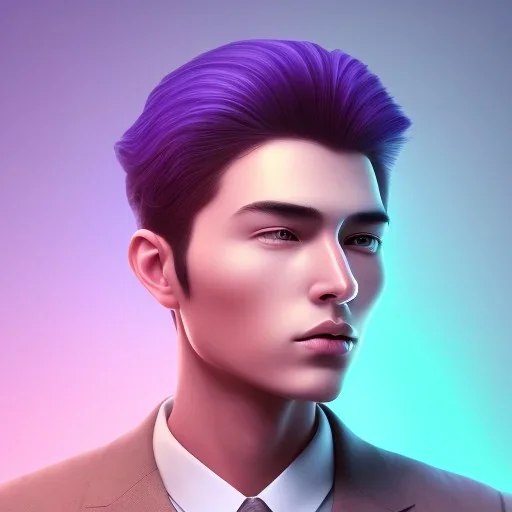 man, cute face, white highlight hair, brown eye, white, skin, purple suits, futuristic, science, purple, blue, dark pink background lighting, technology, profile, asian boy, square face, orange backlight, vagina, clitoris