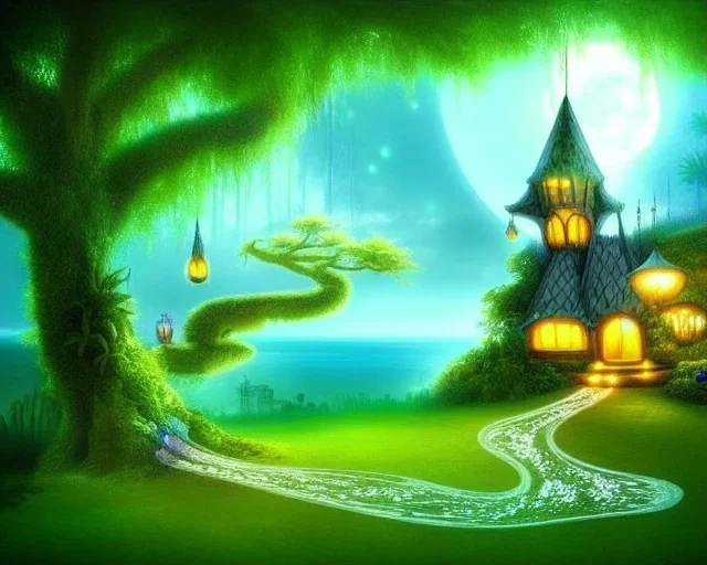 mystical house on a hot tropical island, fantasy art, surreal art, fairies in the trees,