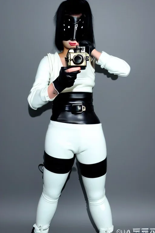 Cyber-punk style mask. Large fencing mask covers cheeks. Trim girls. Reflective white plastic skin. Camera lenses as eyes. Head full of integrated old-fashioned cameras. Golden to cyan surfaces body, latex. Perfect body, thick thighs and calves. Asa Akira. Selfies with old-fashioned cameras in both hands. Wide hip, skirt bleats nicely. Camera at mons veneris and nipples. Partly symmetrical. Cameras hanging on wide plastic belt. Euclidean 3D-tiling. dystopia. Fractal-camera. Chaos. Minimalism