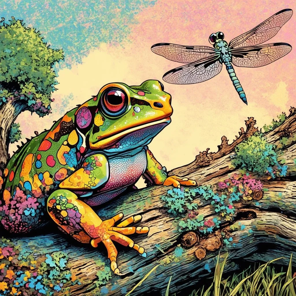 Create a digital pop art poster in the style of James Jean depicting a whimsical multicolored Toad sitting on a heavily textured fallen tree with rough bark and lichens and looking up at a dragon fly. Use a variety of pastel colors.