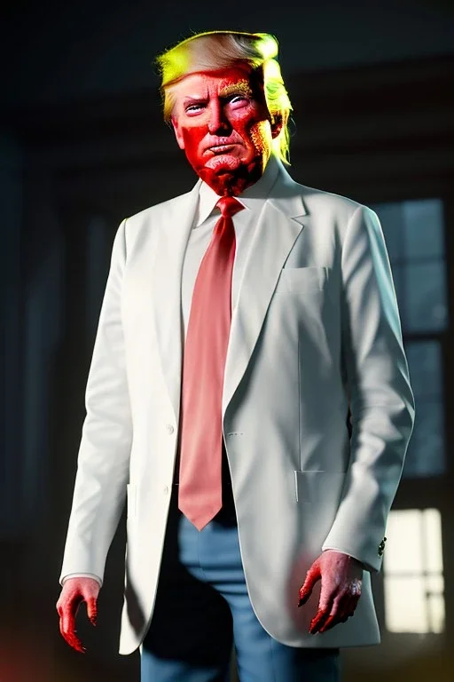 Ultra realistic image night, Donald trump zombie, suit, blood, torn arm, night, the walking dead style, dark ambient, highly detailed, White House background, concept art, unreal engine 5, ray tracing, RTX, focal lighting, ultra detail, volumetric lighting, high definition, high resolution.