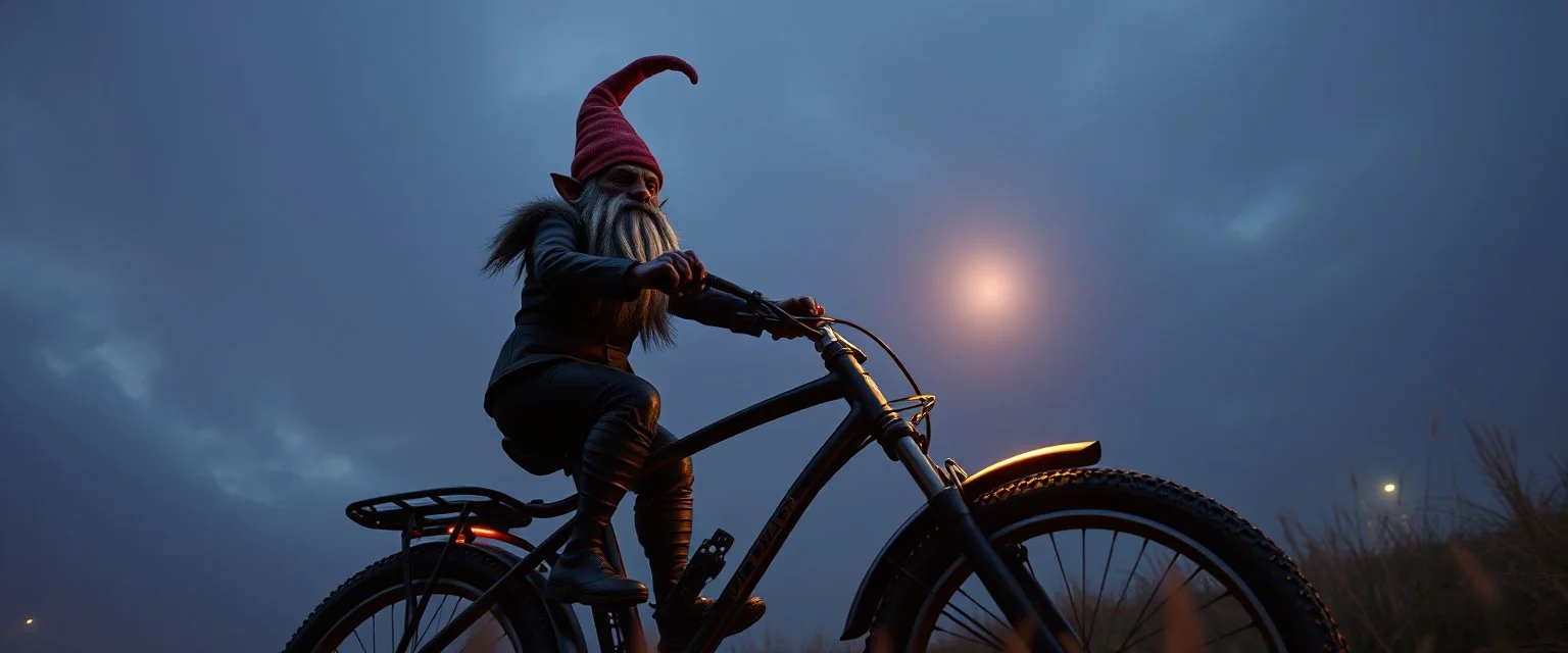 style John Atkinson Grimshaw,3d airbrush render, cut out darkling slender gnome on huge bike with bright aura , pinhole cam, airbrush 3d rendering, torn edges on border