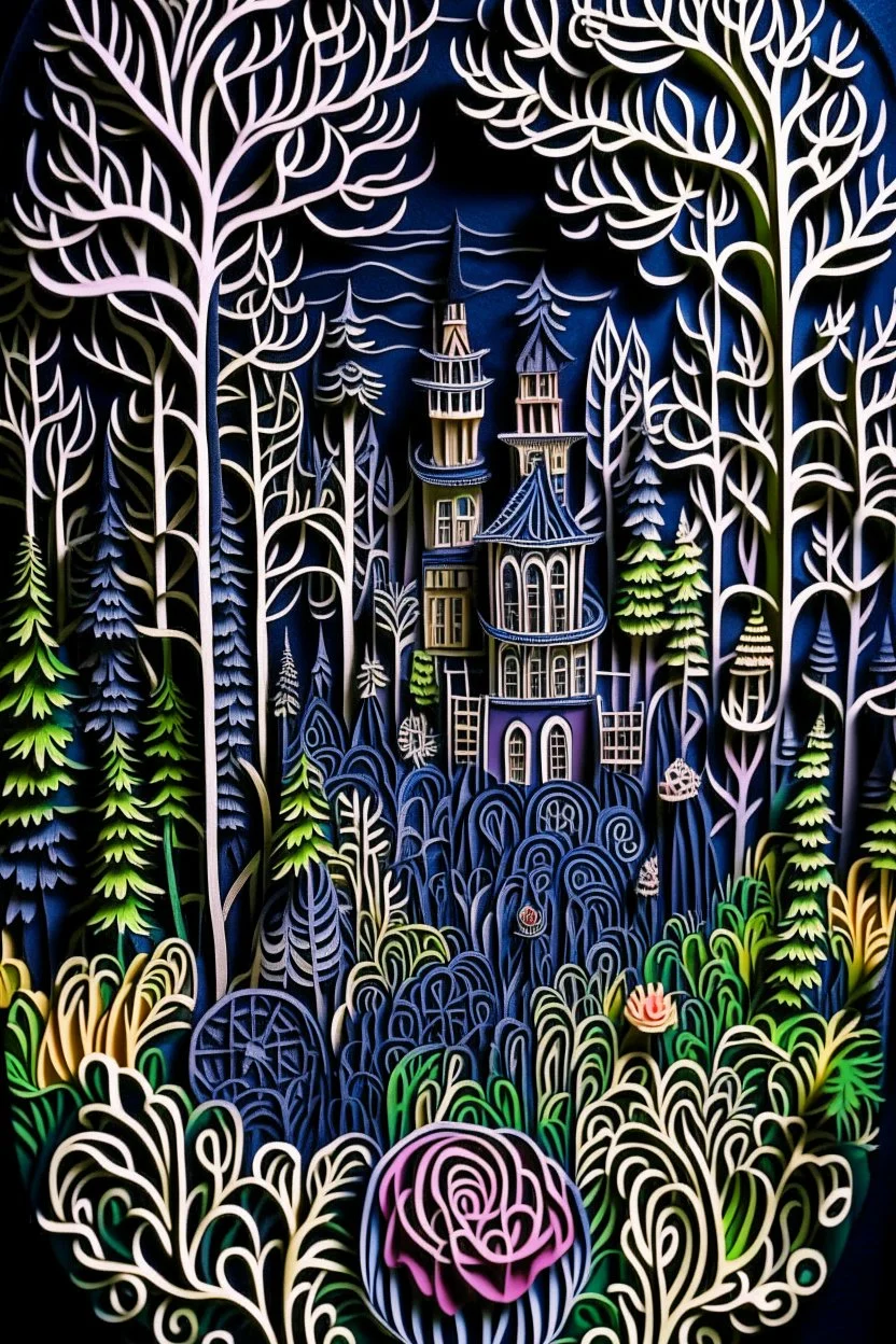 dark forest , darkness castle ,fog, multi-dimensional paper cut craft, mixed media illustration, running through the woods, Sharp, paper quilling, polymer clay, sharpie, Hypermaximalist, busy, Ornate, Layered, HDR, ultra 8k