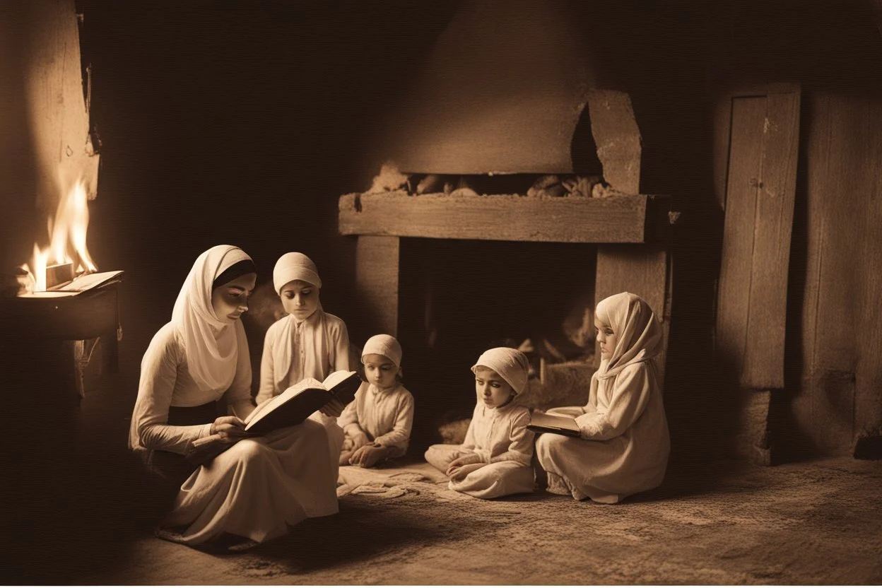 A close-up scene of an Arab mother reading the story from a book with her children around her in the room of the old wooden house near the fireplace 100 years ago.