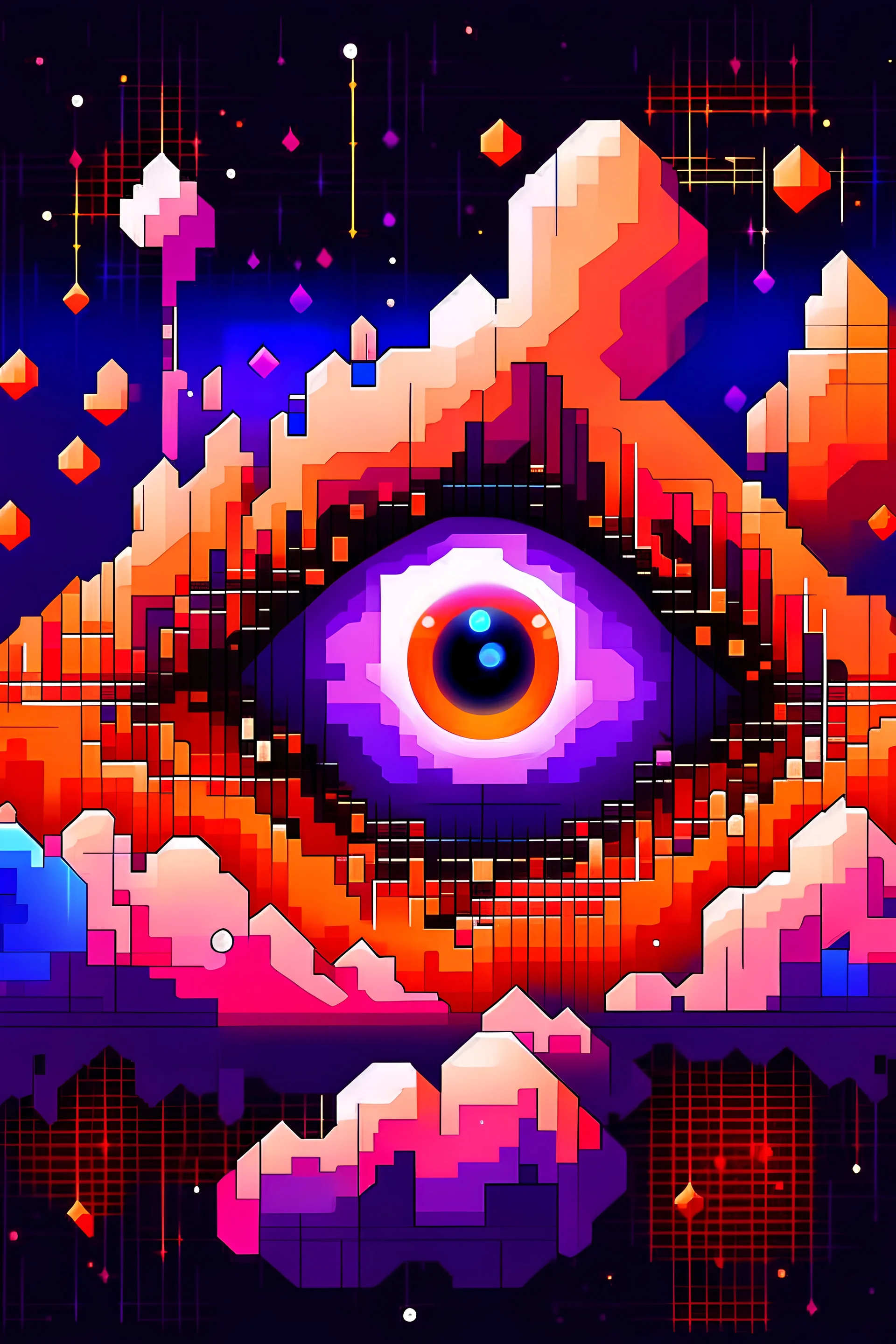 8-bit pixel art, pixelated colourful eye with purple and orange gradient iris shooting lightning out of its pupil, cloudy pink and purple cosmic background with whimsical stars and smoky galaxies, game screenshot, cinematic still, 2d, 8-bit game