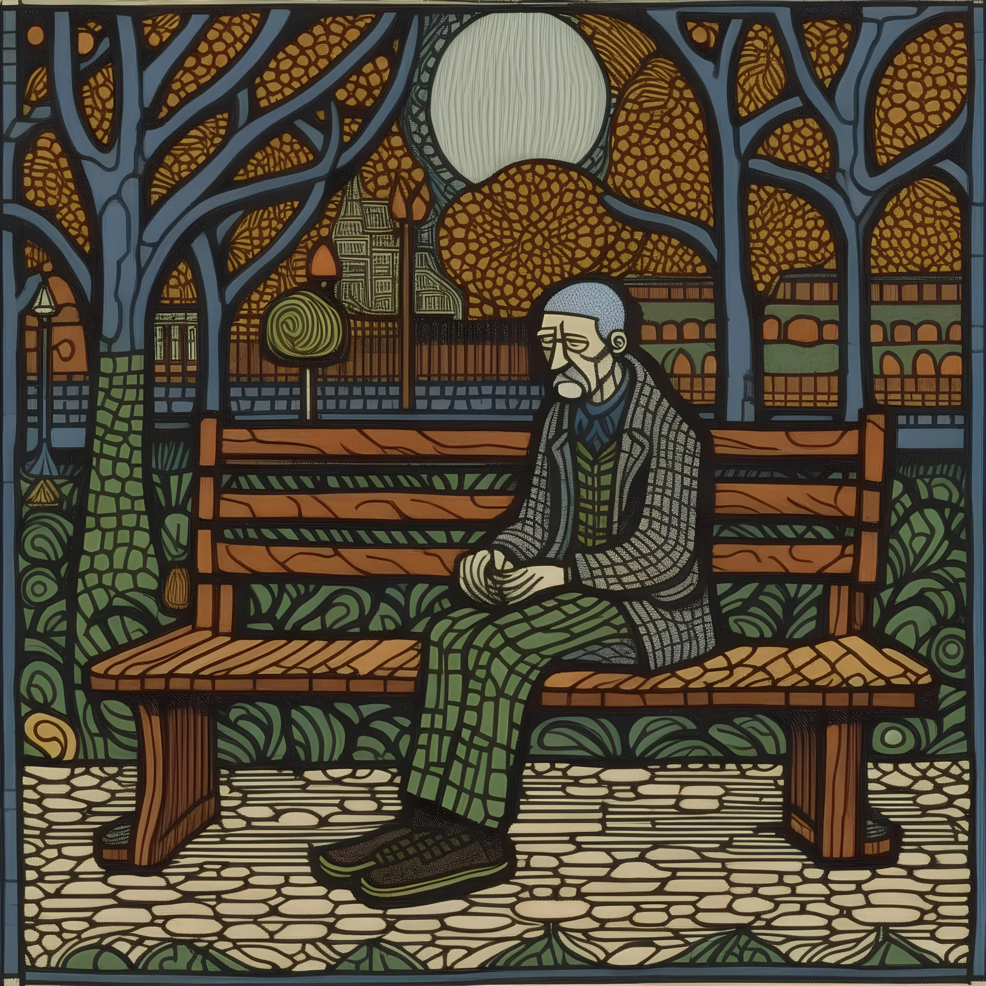 a painting of a man sitting on a bench by Steve Brodner, pixiv, naive art, tarot card, whimsical, woodcut