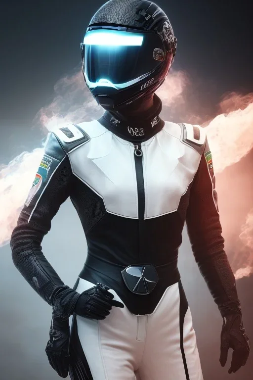 All Black racing suit AnnaSophia Robb, portrait, ghost mask, wearing high tech racing helmet, white smoke, dark, rage, sorrow, high definition, ultra 8 k, volumetric lighting, blue fire, fog