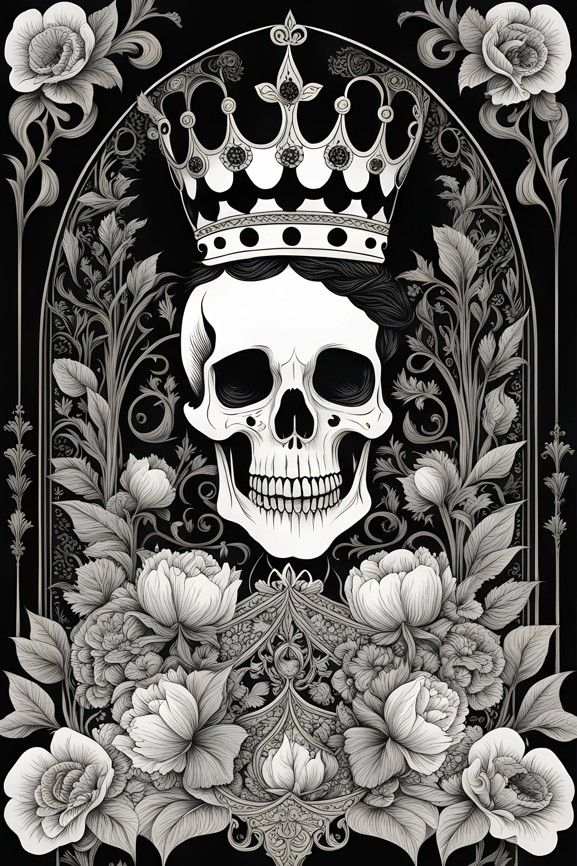 A shadowed hand holds a highly detailed, hand drawn skull, anatomically correct, with a crown hovering above, representation of Hamlet by John Austen, in the Aubrey Beardsley style, inspired by the gothic, macabre and fantastical, highly aesthetic, art nouveau design with striking black-and-white illustrations with hints of Red, Beardsleyesque, high quality, modern classical art, Hamlet Skull