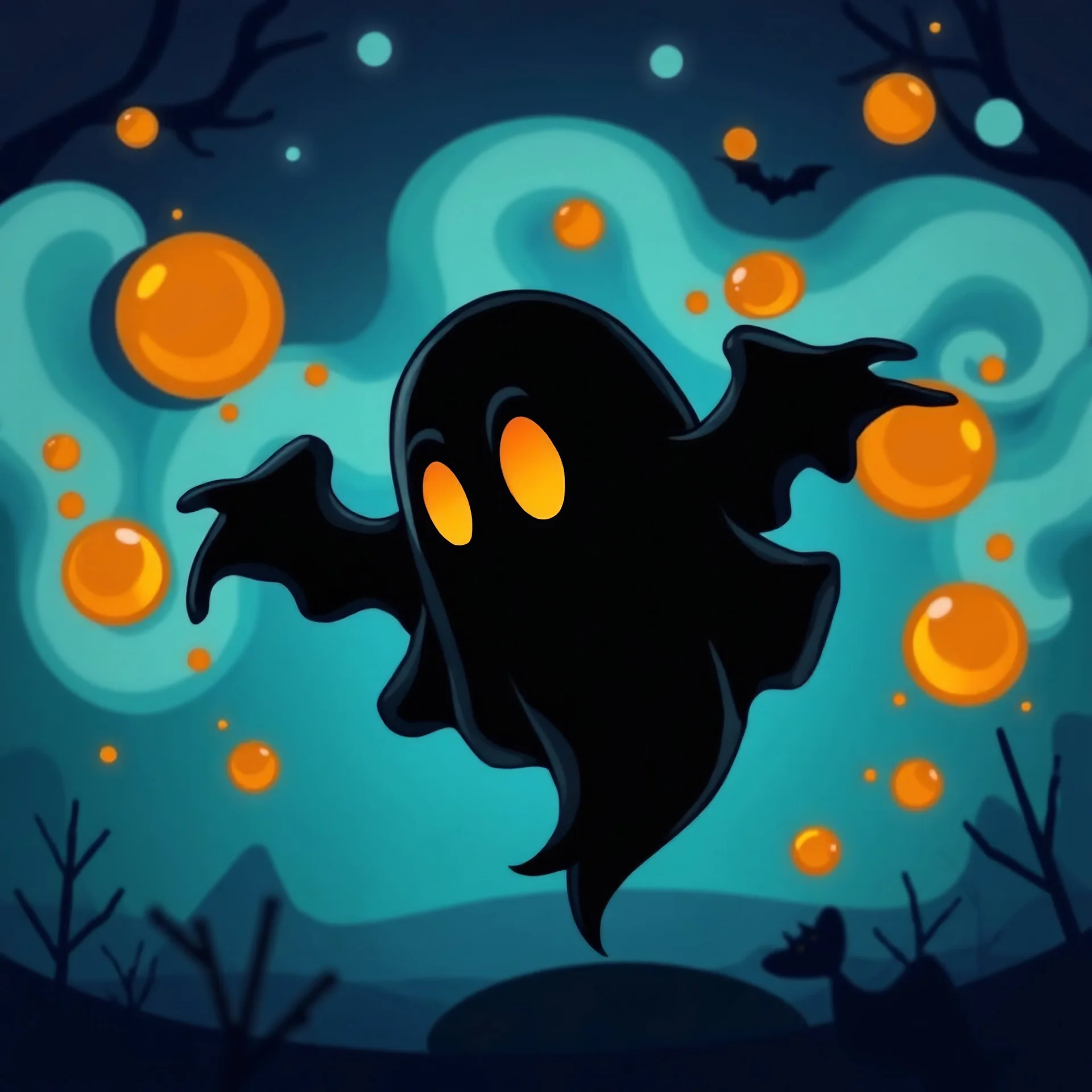 Cartoon whimsical fantasy nighttime black ghost made of shadows and gas with orange eyes