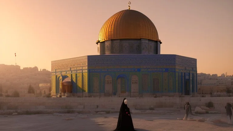 A Palestinian woman wearing an embroidered dress with the Dome of the Rock in front of her during sunset in winter.