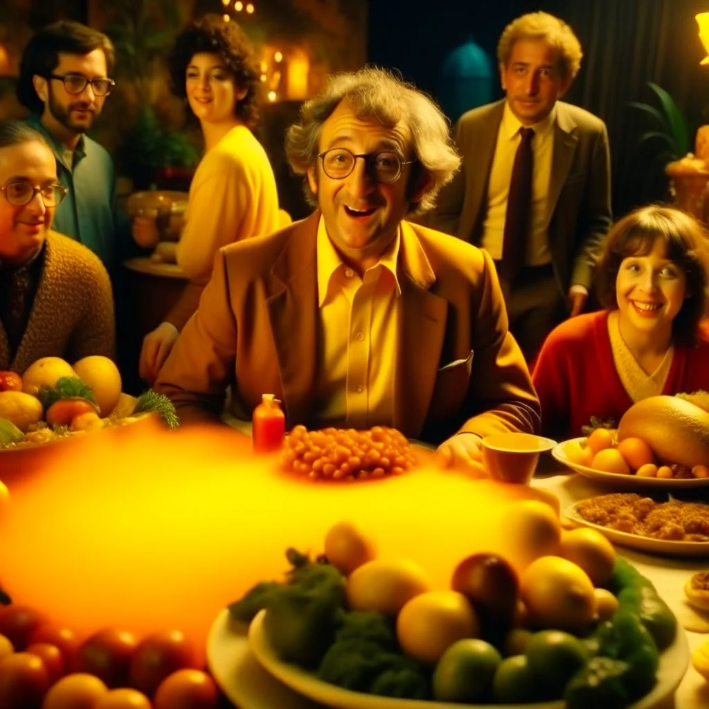 Fantasy movie shot, dreamy, hot, ultra realistic, dine, horns, ultra realistic party, fruits, joy, dynamic, very excited people, hypermaximalist figures, light, 1980's style, Steven Spielberg, ornate, 4k, photorealism