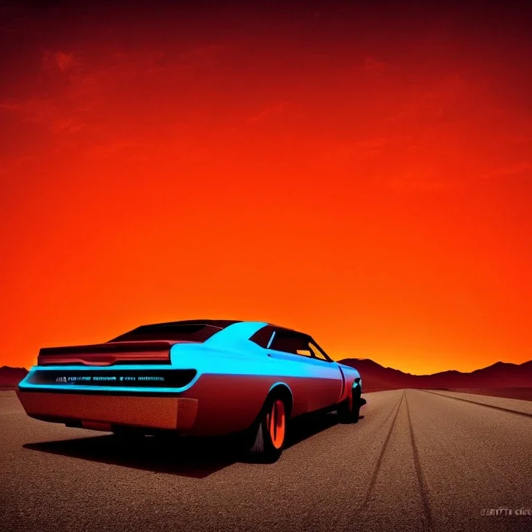 art deco, cyberpunk, neon muscle car, desert road, sunset, full colour, hd,