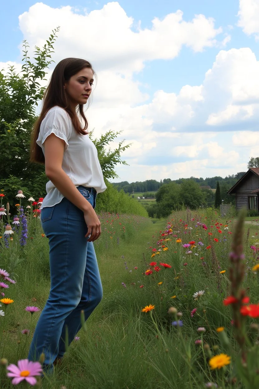 country side ,wild flowers, blosom pretty sky and cloudes a beautiful young lady wearing pants and blouse standing gracefully garden