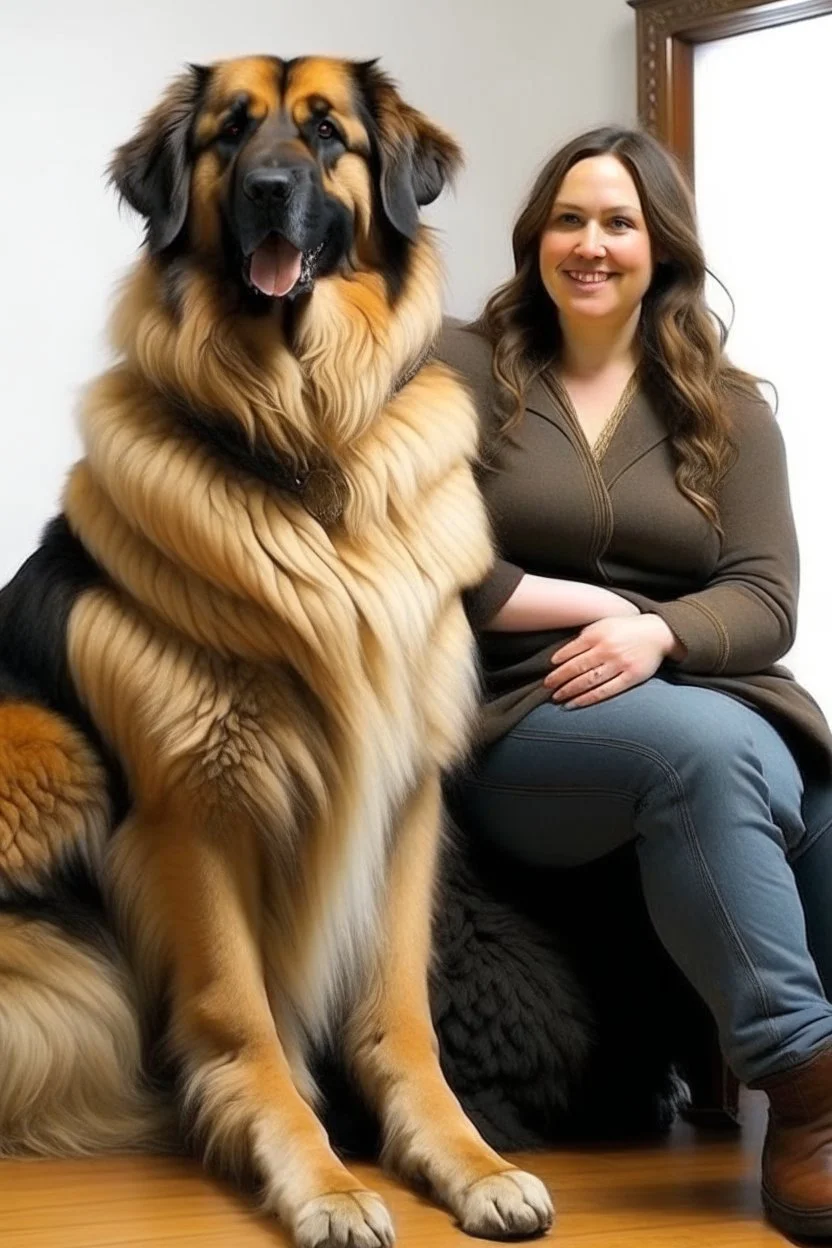 a lady with a dog double size than her