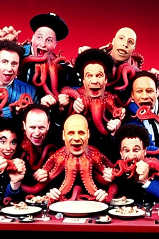 The cast of red Dwarf all eating octopus