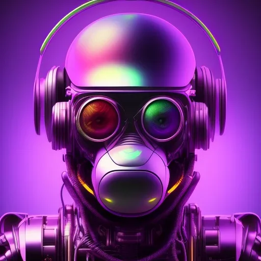 A beautiful portrait of a cyborg monkey purple neon color scheme, high key lighting, volumetric light high details psychedelic background