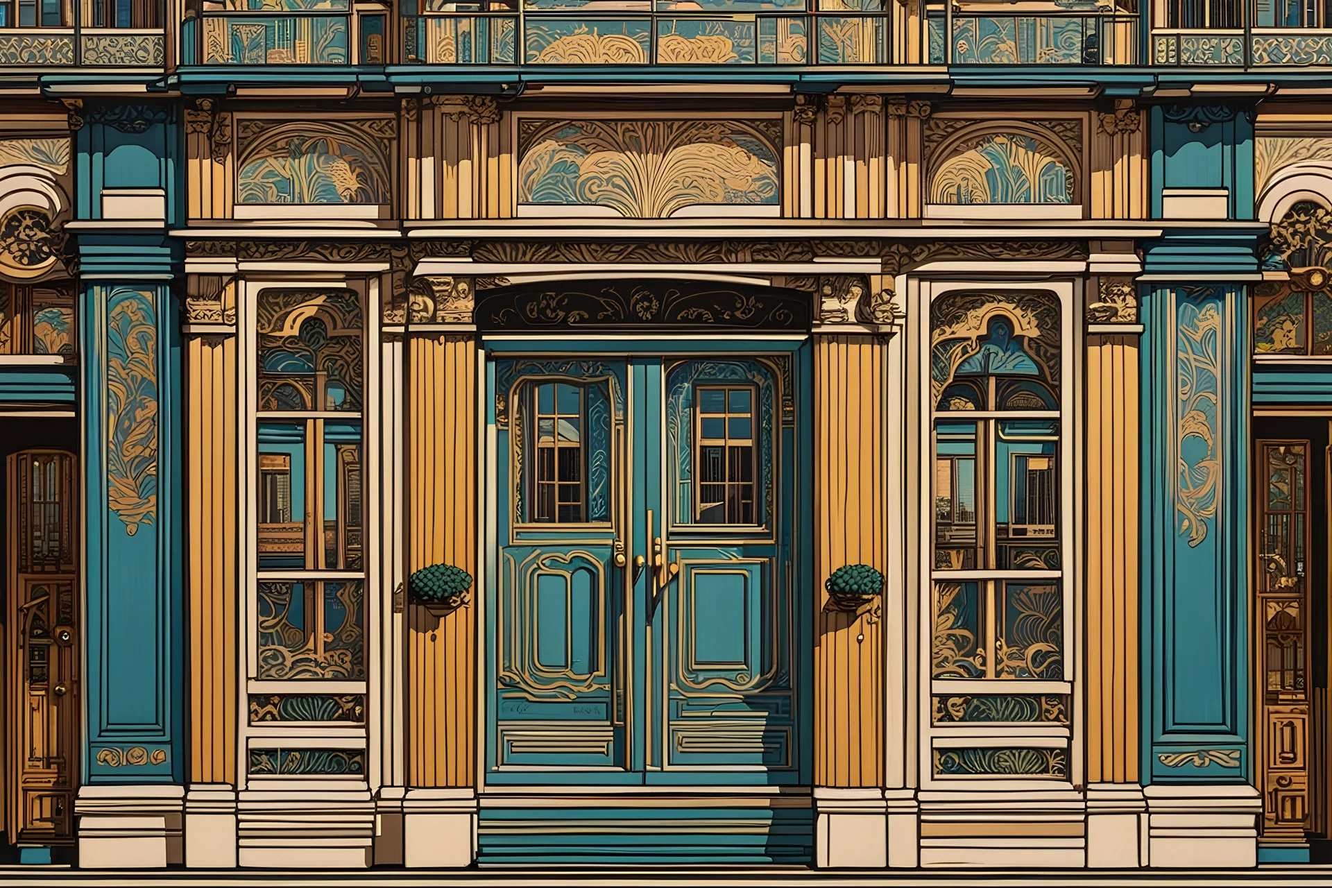 museum quality color woodcut of a fanciful 1920's Parisian apartment block with ornate art nouveau appointments and doors in the style of Gustave Baumann, with a fine art aesthetic, highly detailed, finely cut ,8k render,