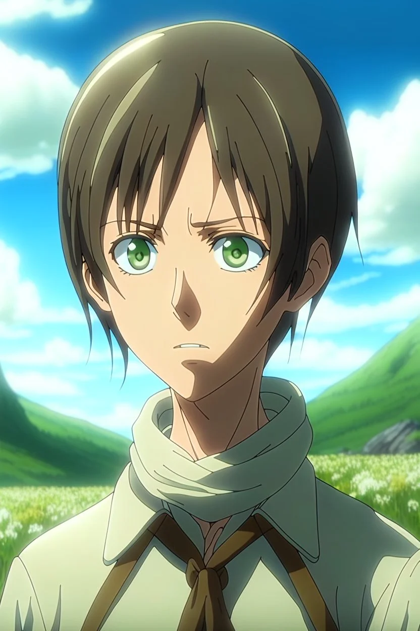 Attack on Titan screencap of a female with short, Wolf cut hair and big greenish black eyes. Beautiful background scenery of a flower field behind her. With studio art screencap.
