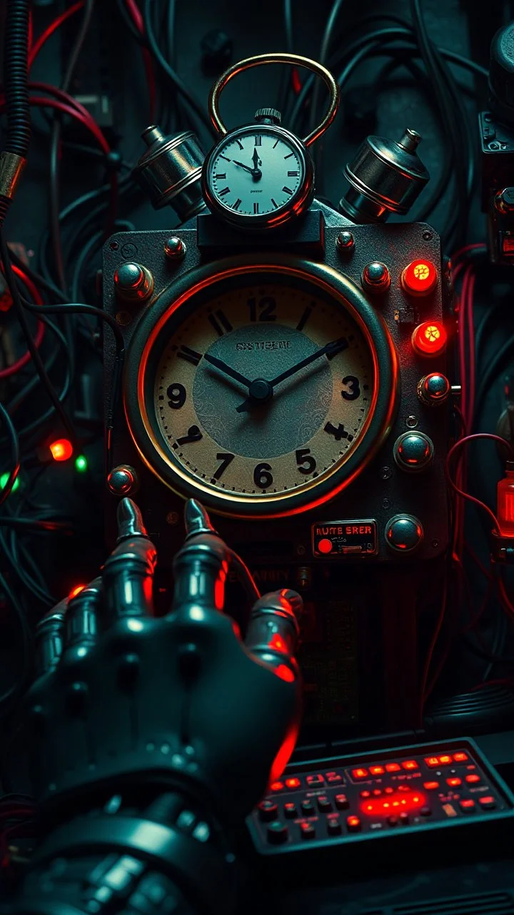 Bosch style nightmares of clocks, computer board , mini lights, eyes balls, complicated electronics components, robot hand,dashboard, laser beam