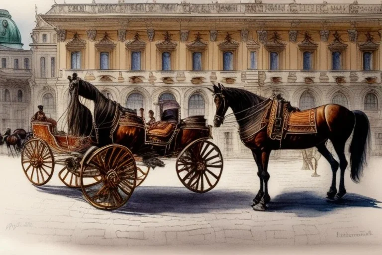 A fiacre landauer carriage with two lightbrown horses is standing in front of the Hofburg, Vienna. Aquarell