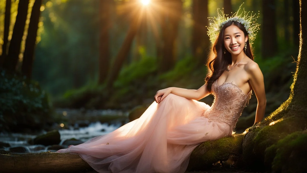 A gorgeous smiling Asian model in a fairy outfit in a wood with 1000 y/o trees, a small torrent, sun rays through the branches, particles in the air at dawn