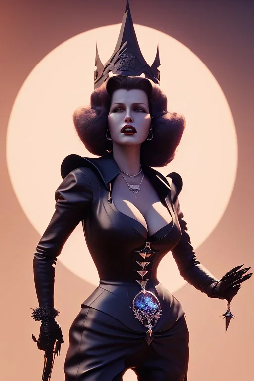 Rita Hayworth as evil queen in black leather, leather, busty, cleavage, angry, stern look. character design by cory loftis, fenghua zhong, ryohei hase, ismail inceoglu and ruan jia. unreal engine 5, artistic lighting, highly detailed, photorealistic, fantasy