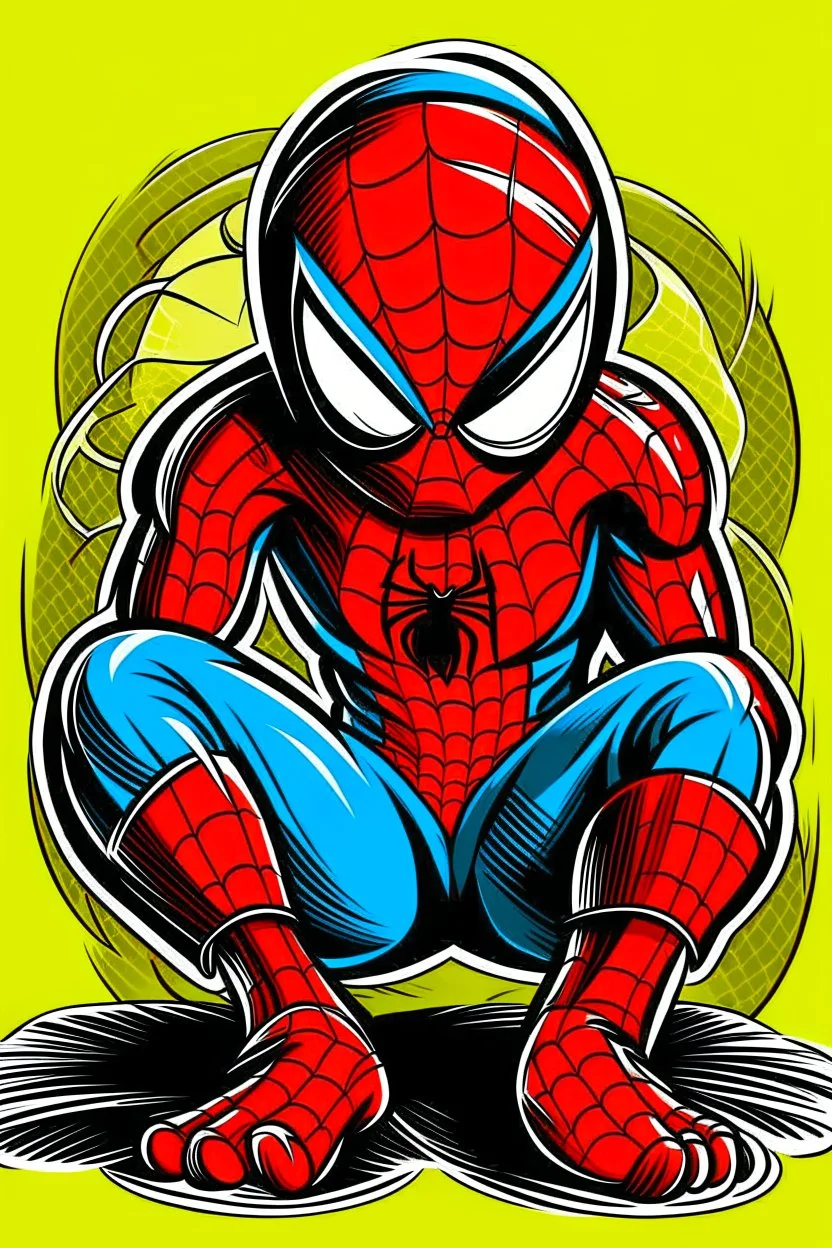 a vivid color of cartoon Spiderman sulking