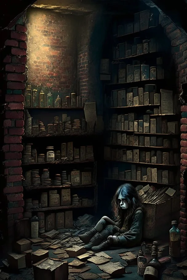 A dark, dingy brick dungeon, with a shelf containing six vintage bottles of various sizes with labels of pain and memories, with one young girl sitting on the floor in tears with a pile of books