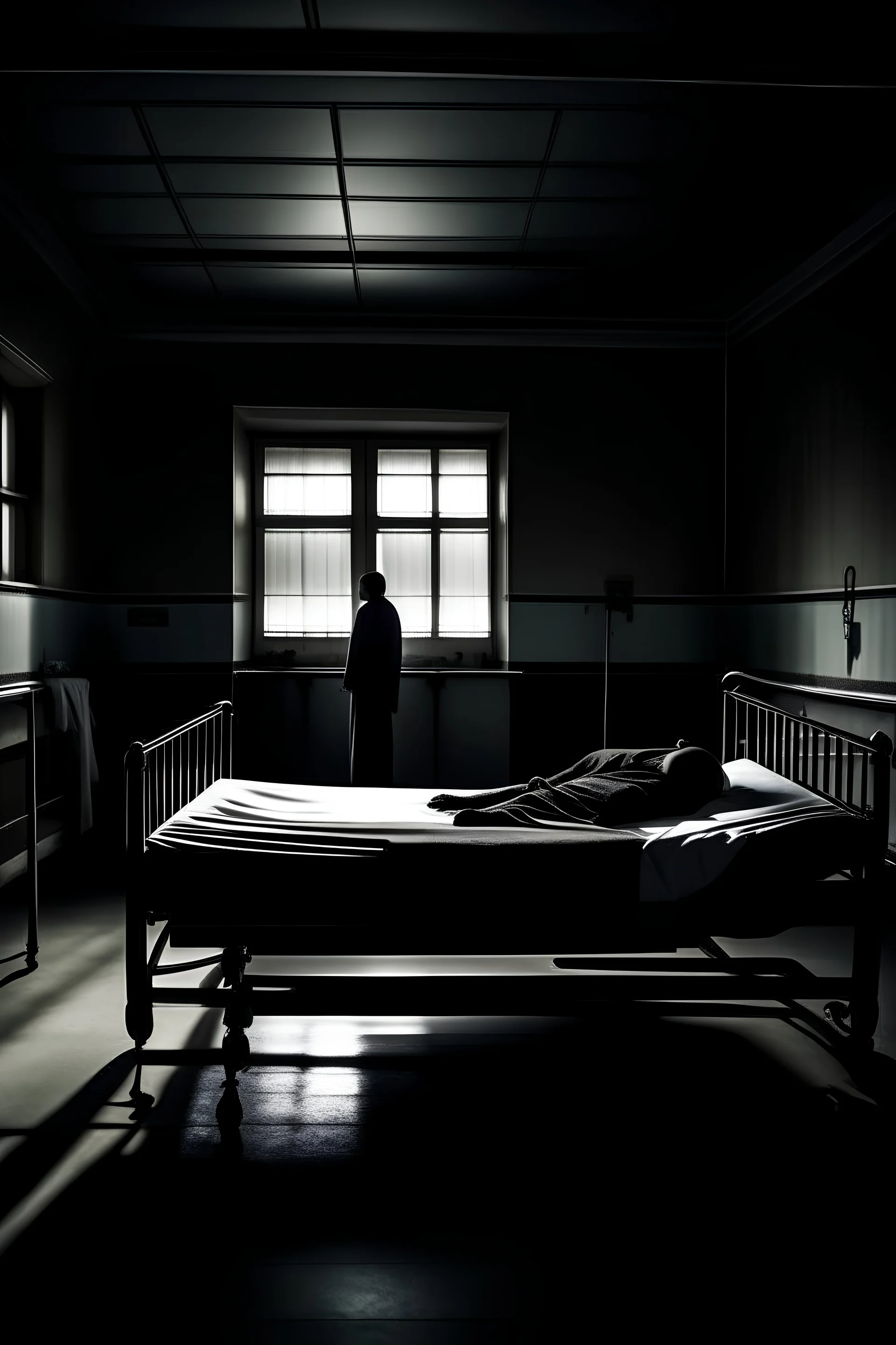 hospital bed dark country with a man without face lying in it