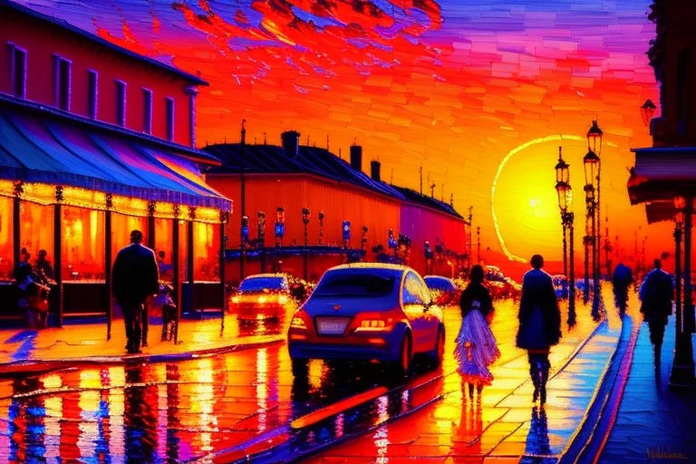 Sunset in the street, impressionism painting