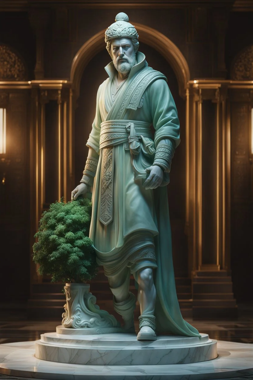 highly detailed marble and jade sculpture of a male wanderer , full body shot, stunning face, invisible gloves, , volumetric fog, Hyperrealism, breathtaking, ultra realistic, unreal engine, ultra detailed, cyber background, Hyperrealism, cinematic lighting, highly detailed, breathtaking, stunning environment