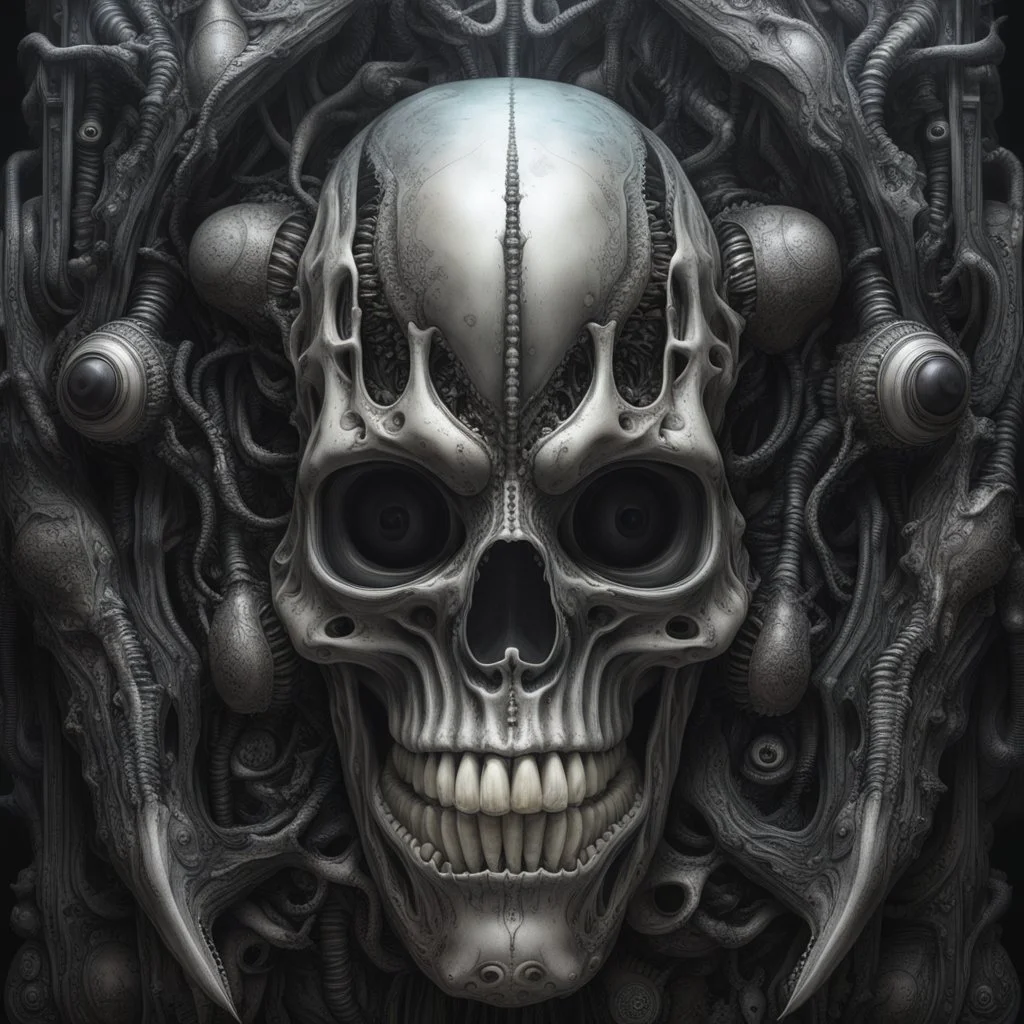 A MECHANICAL NON HUMAN SKULL AND DARK SLIMEY AND GIVING BIRTH SHARKS TEETH with a touch of H.R. Giger's biomechanical aesthetic. Hyperdetailed and rendered in 8k resolution, a true masterpiece. hyperdetailed intricately detailed Splash art action painting film noir photorealism psychedelic art telephoto lens aetherpunk horror post-apocalyptic VIVID IN COLOR well lit, high detail, photorealistic, horrorcore, fun, scary, none featured, each a different color or hue,