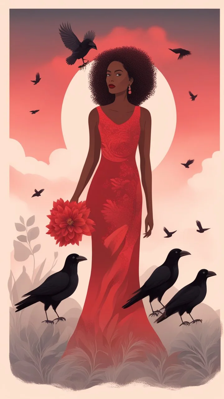 Beautiful a brown skin lady wearing a Red dress holding a red flowers in a red sky and background and red cloud a crow in red colours