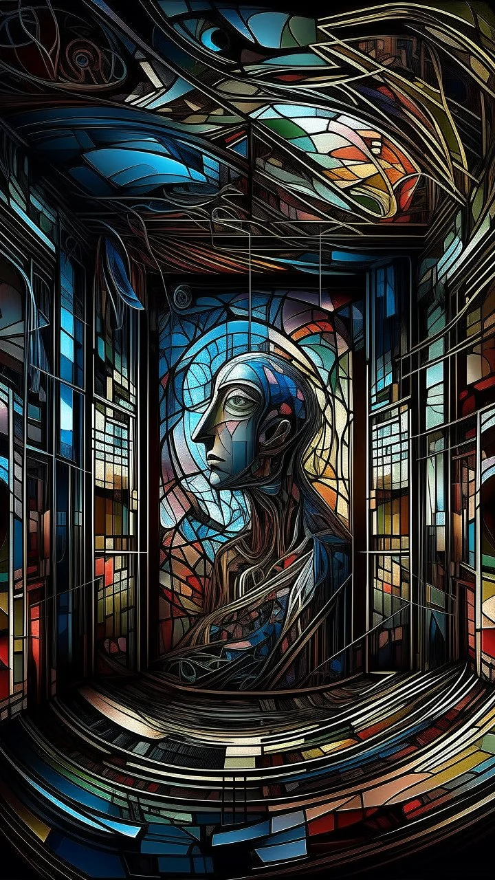 A fine line draw ,ultra-maximalist 8K digital surrealism epic depicting window light in dark colossal suspended within an infinite labyrinth of parallel stained-glass mirrors, hollow mirrored collages, and inverted glass mosaics, each surface fractured by recursive Fibonacci geometry and glitching reflections that refract into endless dimensions. The figure’s visage—half porcelain, half cybernetic—is carved from kaleidoscopic crystal Doodle surrealism void trippy collage hybrid recusive render 3