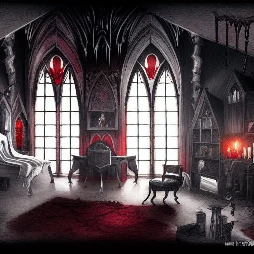 Vampire lair,gothic, blood,room interior design illustration by mick ricereto, detailed, interior croquis color illustration, digital illustration, 4k, ultra hd